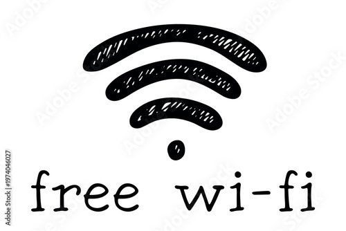 Hand drawn free wifi spot zone sign Public wi-fi area sign Wireless internet clipart in doodle style Single element for print, web, design, decor 3G, 4G, 5G, 6G, IoT
