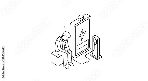 Man sitting next to a large charging battery, feeling tired and drained.