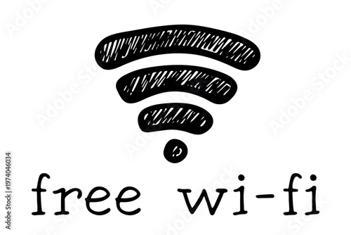 Hand drawn free wifi spot zone sign Public wi-fi area sign Wireless internet clipart in doodle style Single element for print, web, design, decor 3G, 4G, 5G, 6G, IoT