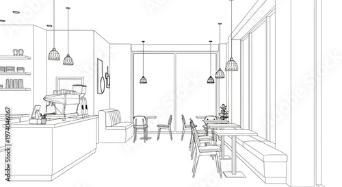 Modern coffee shop interior design sketch with counter and seating area.