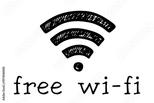 Hand drawn free wifi spot zone sign Public wi-fi area sign Wireless internet clipart in doodle style Single element for print, web, design, decor 3G, 4G, 5G, 6G, IoT