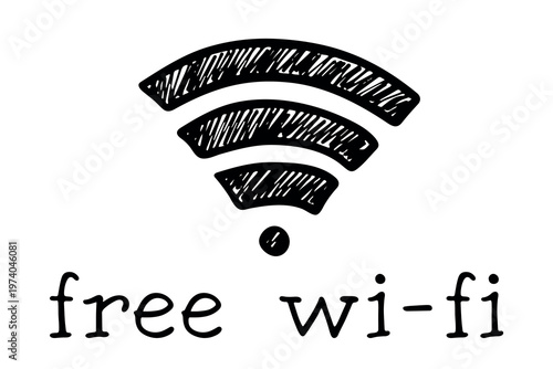 Hand drawn free wifi spot zone sign Public wi-fi area sign Wireless internet clipart in doodle style Single element for print, web, design, decor 3G, 4G, 5G, 6G, IoT