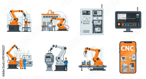 Vector illustration showcasing a factory automation system with robotic arms performing manufacturing tasks, system monitoring displays, and an engineer overseeing the automated industrial