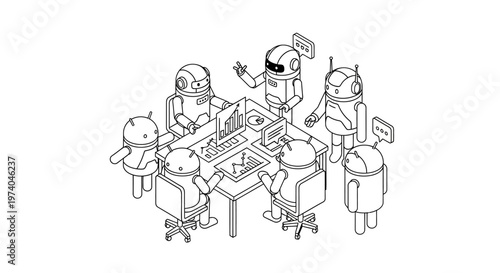 Robots in a collaborative meeting, discussing data and technology.