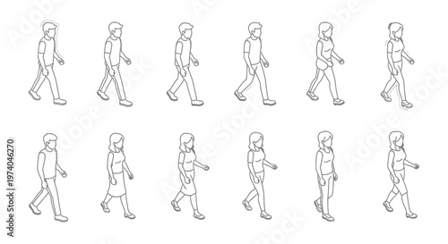 Set of diverse people walking, line art animation frames.