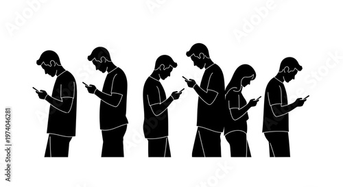Silhouettes of people engrossed in their smartphones, illustrating modern digital addiction.