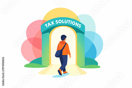 Man Walking Through Tax Solutions Archway Illustration