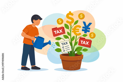 Man Watering Money Tree with Tax Documents and Currency Symbols