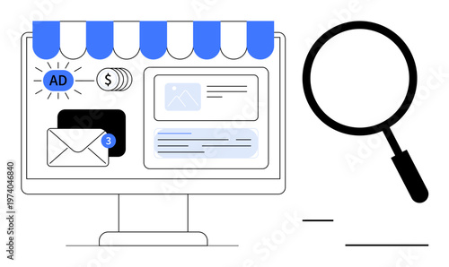 Digital marketing concept. Digital marketing tools including online ads, email notifications, and search functionality. Digital marketing enhances online business visibility and engagement