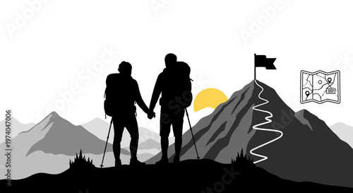 Silhouetted hikers reaching summit during sunrise journey vector illustration