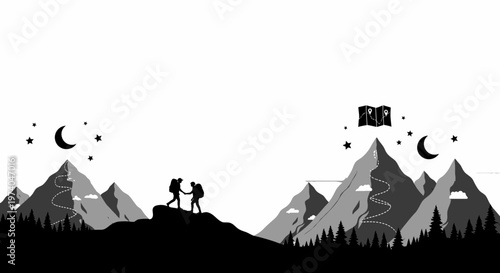 Silhouetted hikers reaching summit of mountain landscape under starry night