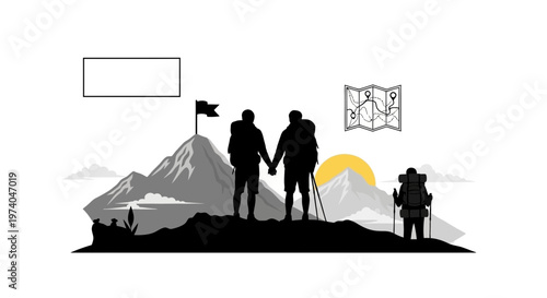 Silhouetted hikers reaching summit with flag illustration adventure concept