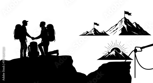 Silhouetted hikers reaching summit with mountains vector illustration design
