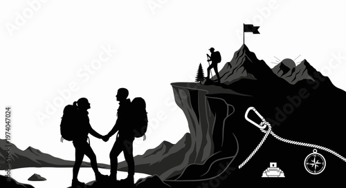 Silhouetted hikers reaching summit with success flag against a white sky