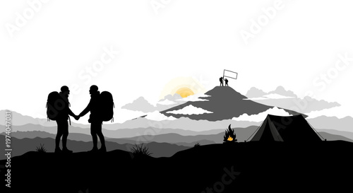 Silhouetted hikers reaching summit with tent campfire and flag on top of mountain