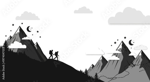 Silhouetted hikers traverse mountainous terrain under a stylized night sky