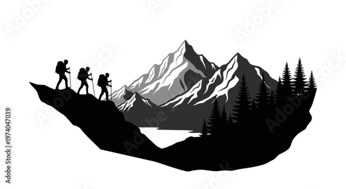 Silhouetted hikers traverse mountainous terrain during outdoor adventure