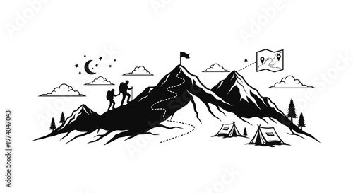 Silhouetted hikers traverse mountainous terrain with dog under night sky