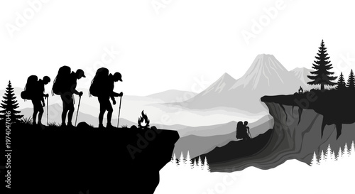 Silhouetted hikers traversing mountain landscape with backpacks and campfire