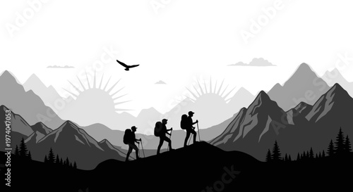 Silhouetted hikers traverse mountainous terrain with rising sun illustration