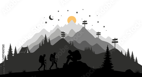 Silhouetted hikers traversing mountain range beneath starry night sky illustration