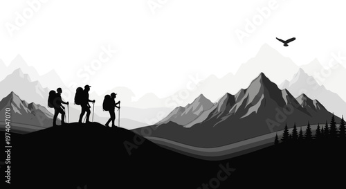 Silhouetted hikers traversing mountain range with bird flying overhead vector