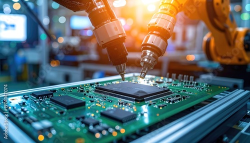 Advanced Robotic Machinery Precisely Assembles Microchips on a Circuit Board, Showcasing Cutting-edge Technology and Efficiency in Electronic Manufacturing