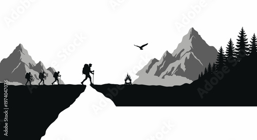Silhouetted hikers traversing mountain ridge against a scenic landscape vector