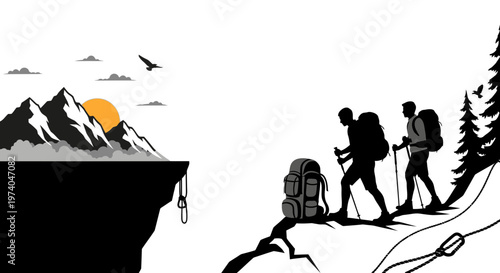 Silhouetted hikers traversing mountain ridge with backpack and trekking poles