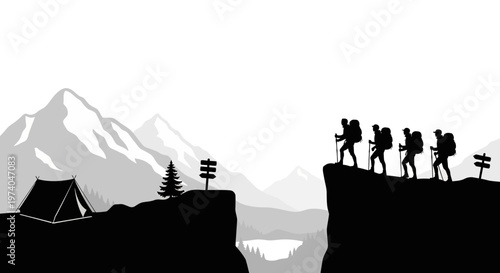 Silhouetted hikers traversing mountain ridge with backpacks vector illustration