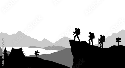 Silhouetted hikers traversing mountain ridge with backpacks and trekking poles