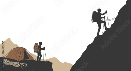 Silhouettes of climbers ascending rocky mountain over white background
