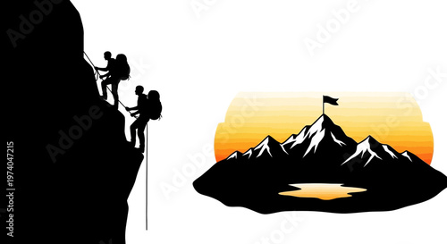 Silhouettes of climbers ascending cliffside with mountain peak and flag illustration