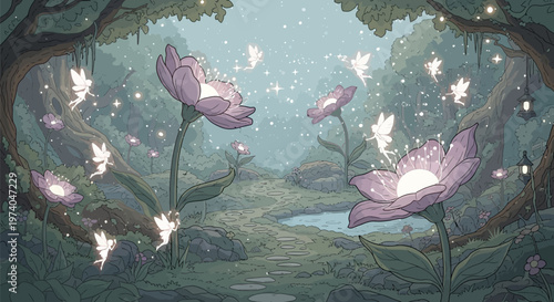 Whimsical forest scene with glowing pink flowers and fireflies near a serene pond at dusk surrounded by lush greenery and trees with mystical ambiance