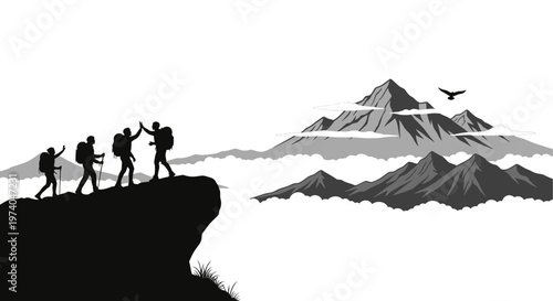 Silhouettes of hikers celebrating success on mountain peak with scenic view