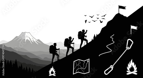 Silhouettes of hikers ascending mountain towards flag symbol for success