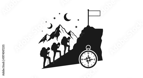 Silhouettes of hikers climbing a mountain toward a flag with compass icon