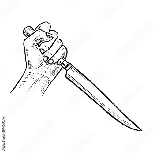 hand holding large kitchen knife vector line art hand drawn illustration
