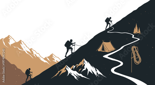Silhouettes of hikers climbing a mountain path towards the summit concept