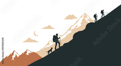 Silhouettes of hikers climbing a mountain with dog against a scenic background