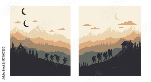 Silhouettes of hikers climbing a mountain with a cabin under the night sky