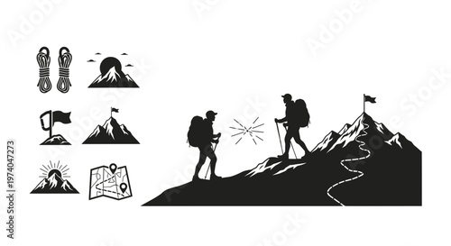 Silhouettes of hikers climbing mountain achieving success vector illustration