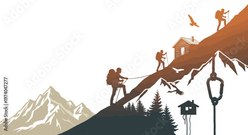Silhouettes of hikers climbing a mountain with gear and mountain cabins