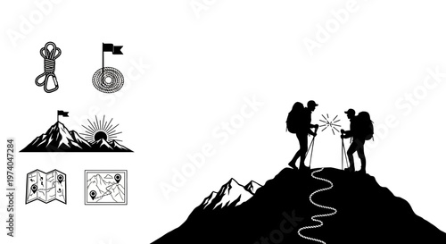 Silhouettes of hikers climbing mountain peak with climbing icons