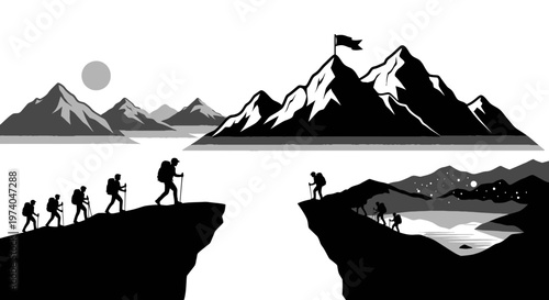 Silhouettes of hikers climbing mountain towards success flag achieving goals