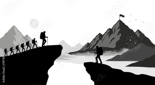 Silhouettes of hikers climbing mountain towards goal success concept