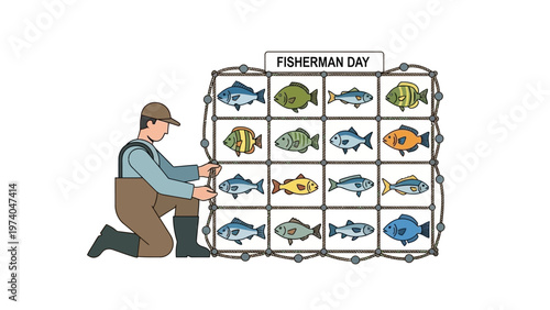 Fisherman kneeling beside fish identification chart.