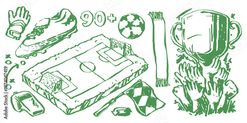 Creative sketch illustration set of football equipment and stadium pitch. Perfect for editorial sports blog headers, social media engagement posts, apparel, youth league certificates, merchandise