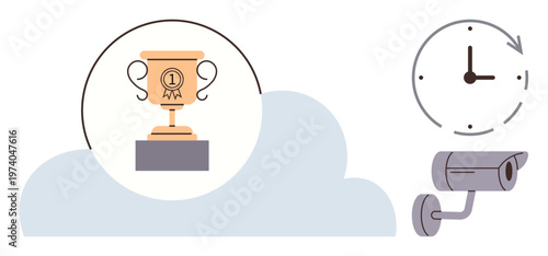 Achievement tracking, productivity, goal setting, time management, security, surveillance. A trophy in a cloud, clock and camera. Achievement tracking and time management concepts