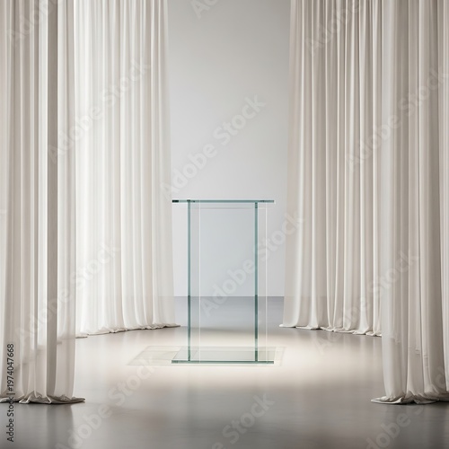 Minimalist glass table installation in an interior space with soft drapes